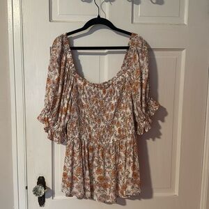Mittoshop Women's Orange/White Floral Babydoll Top; 100% rayon, Size 1X